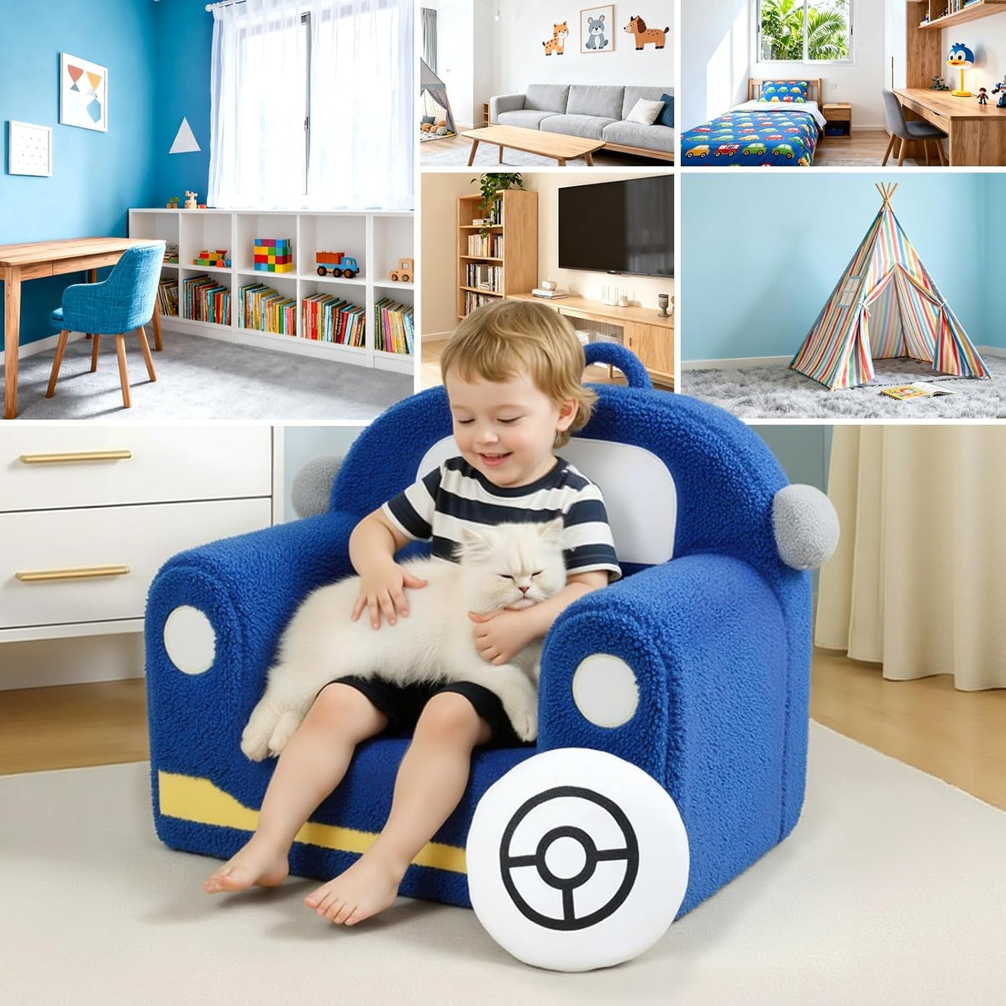 Toddler Chair for Ages 1–6, Soft Sherpa Kids Sofa with Book Pocket & Carry Handle, Comfy Single-Seat Couch for Playroom or Bedroom, Birthday Gift for Boys (Car)