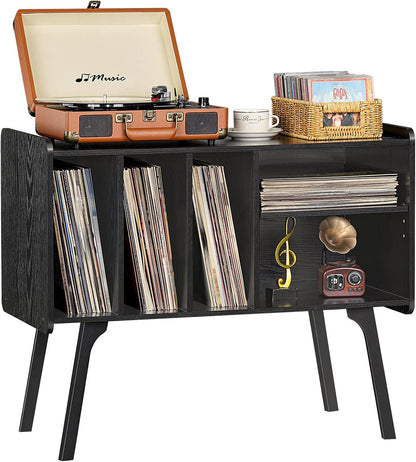 Record Player Stand with 4 Cabinet Holds up to 220 Albums, Large Black Turntable Stand with Beech Wood Legs, Mid-Century Record Player Table, Vinyl Holder Storage Shelf for Bedroom Living Room