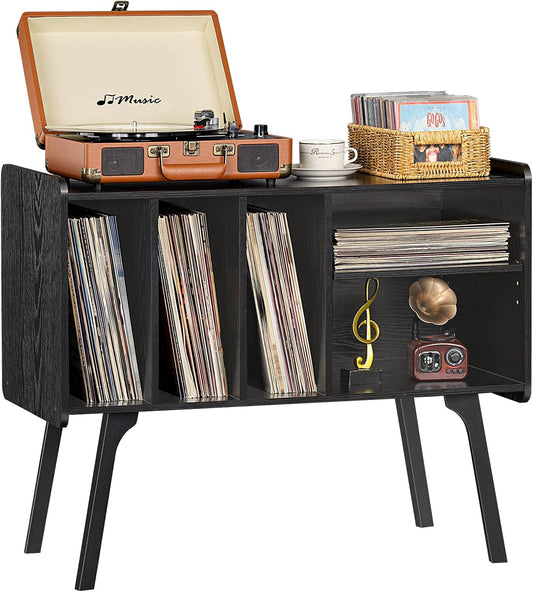 Record Player Stand with 4 Cabinet Holds up to 220 Albums, Large Black Turntable Stand with Beech Wood Legs, Mid-Century Record Player Table, Vinyl Holder Storage Shelf for Bedroom Living Room