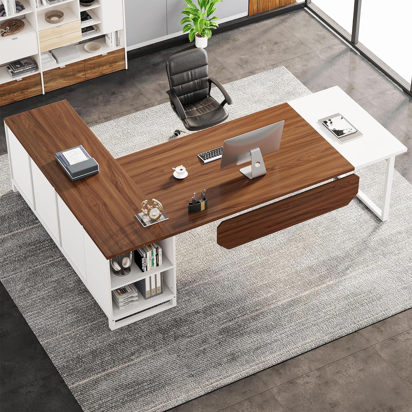 70.8" L-Shaped Executive Desk with 55" File Cabinet, Large Home Office Computer Desk with Storage Shelves and Cabinet, Modern Business Furniture Set Home Office, Walnut White