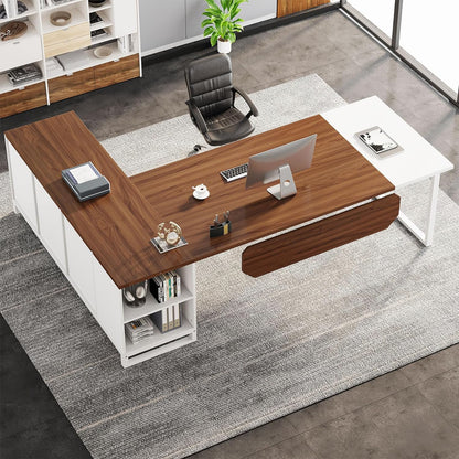 70.8" L-Shaped Executive Desk with 55" File Cabinet, Large Home Office Computer Desk with Storage Shelves and Cabinet, Modern Business Furniture Set Home Office, Walnut White