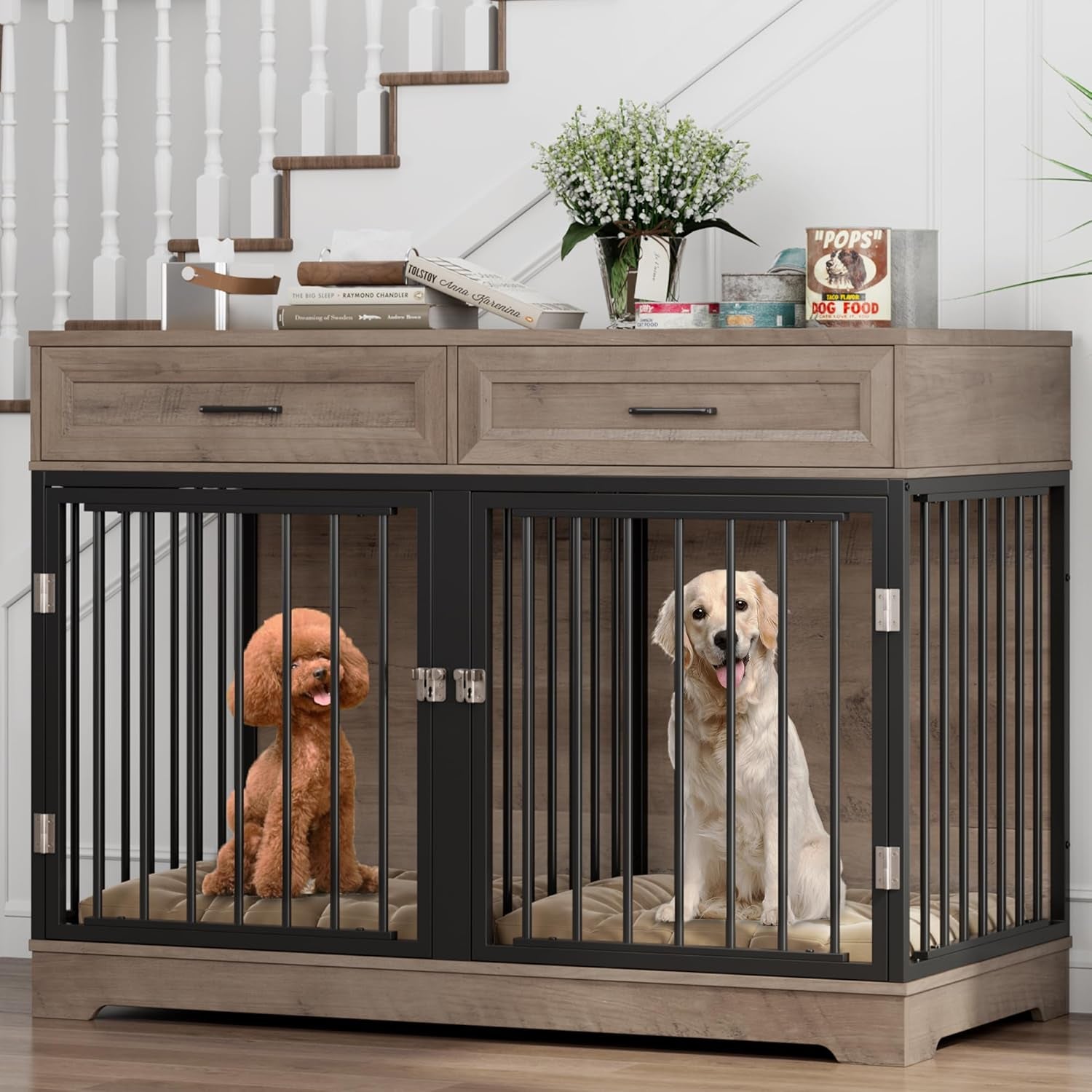 Dog Crate Furniture 47" Wooden Dog Kennels for Dogs Indoor with a Removable Divider for Large/Medium/Small Dogs, 2 Storage Drawers and Large Tabletop Dog Cages Double Doors Dog House, Rustic