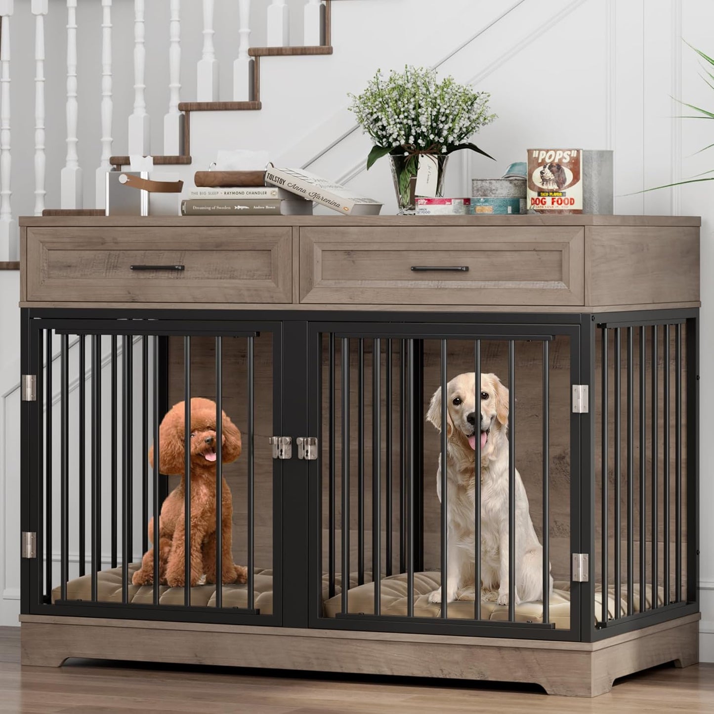 Dog Crate Furniture 47" Wooden Dog Kennels for Dogs Indoor with a Removable Divider for Large/Medium/Small Dogs, 2 Storage Drawers and Large Tabletop Dog Cages Double Doors Dog House, White