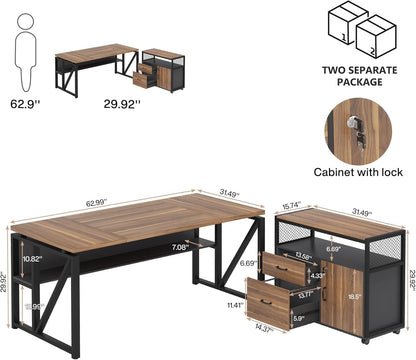 63" Executive Desk with Reversible File Cabinet, Large L-Shaped Office Desk with Drawers, Business Furniture Workstation for Home Office