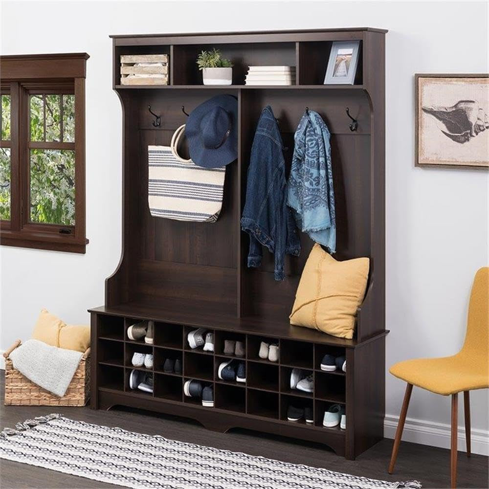 Brown Hall Tree, Shoe Cabinet, Storage Cabinet with 24 Shoe Cubbies and 6 Double Coat Hooks 15.5" D X 60" W X 77" H