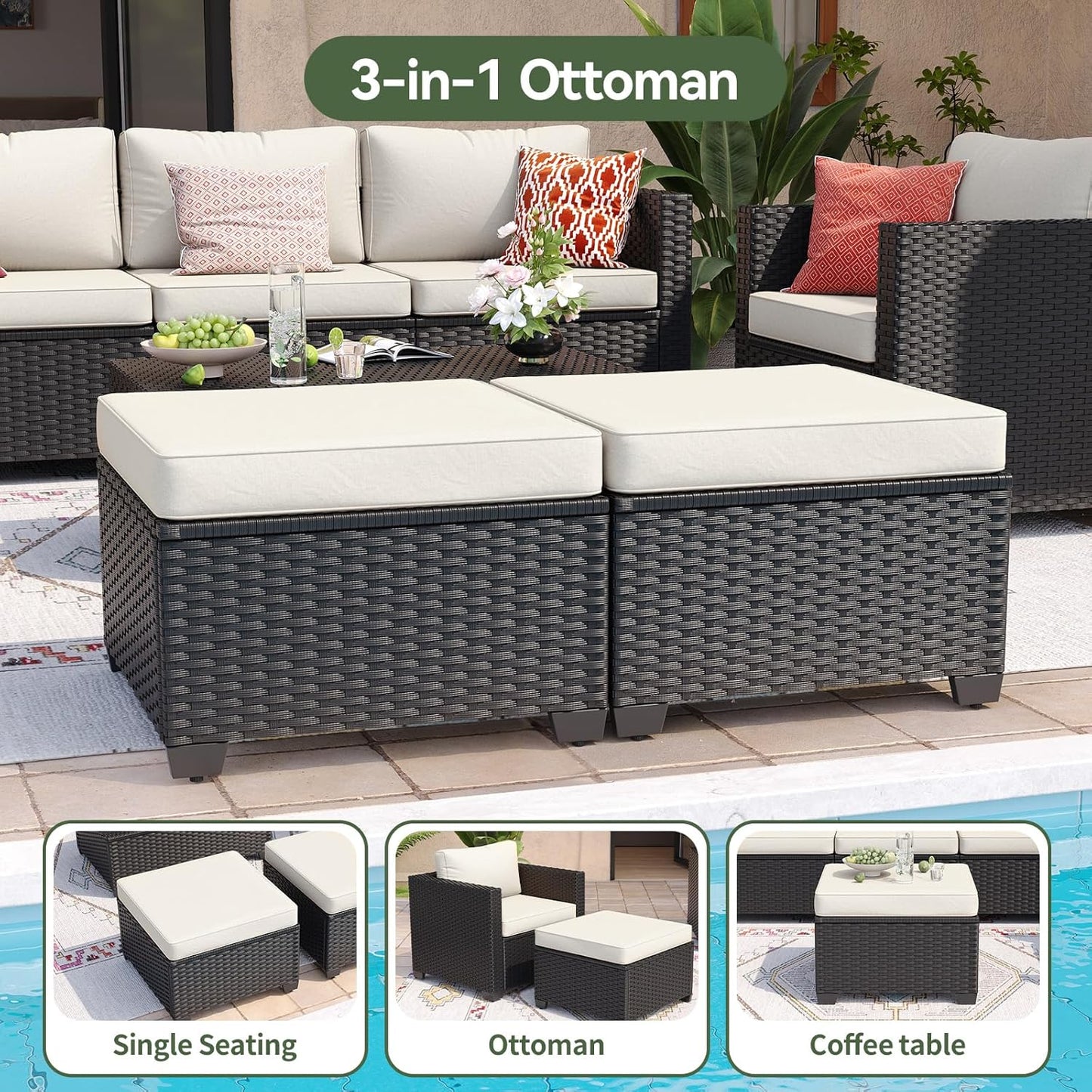 8 Piece Outdoor Patio Furniture Set 7 Seats, Outdoor Sectional with Thick Waterproof Cushions, Patio Conversation Sets for Garden,Backyard, Porch, Balcony, Deck, Black & Beige