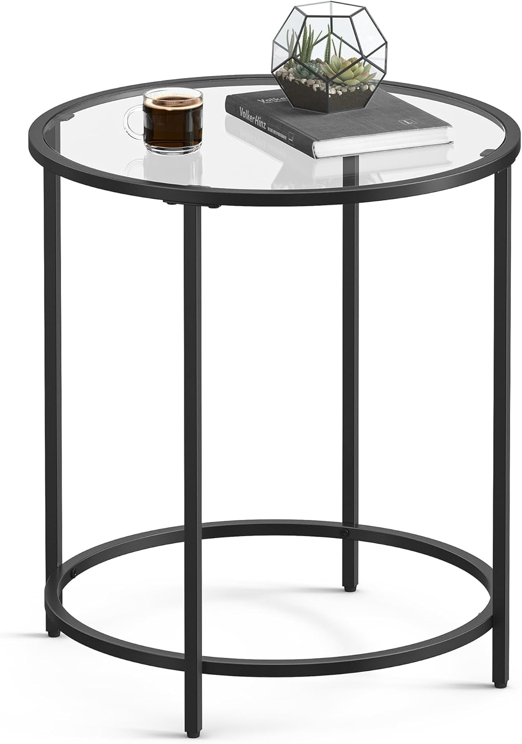 round Side Table, Glass End Table with Metal Frame, Black Coffee Table with Modern Style, for Living Room, Balcony, Bedroom, Black