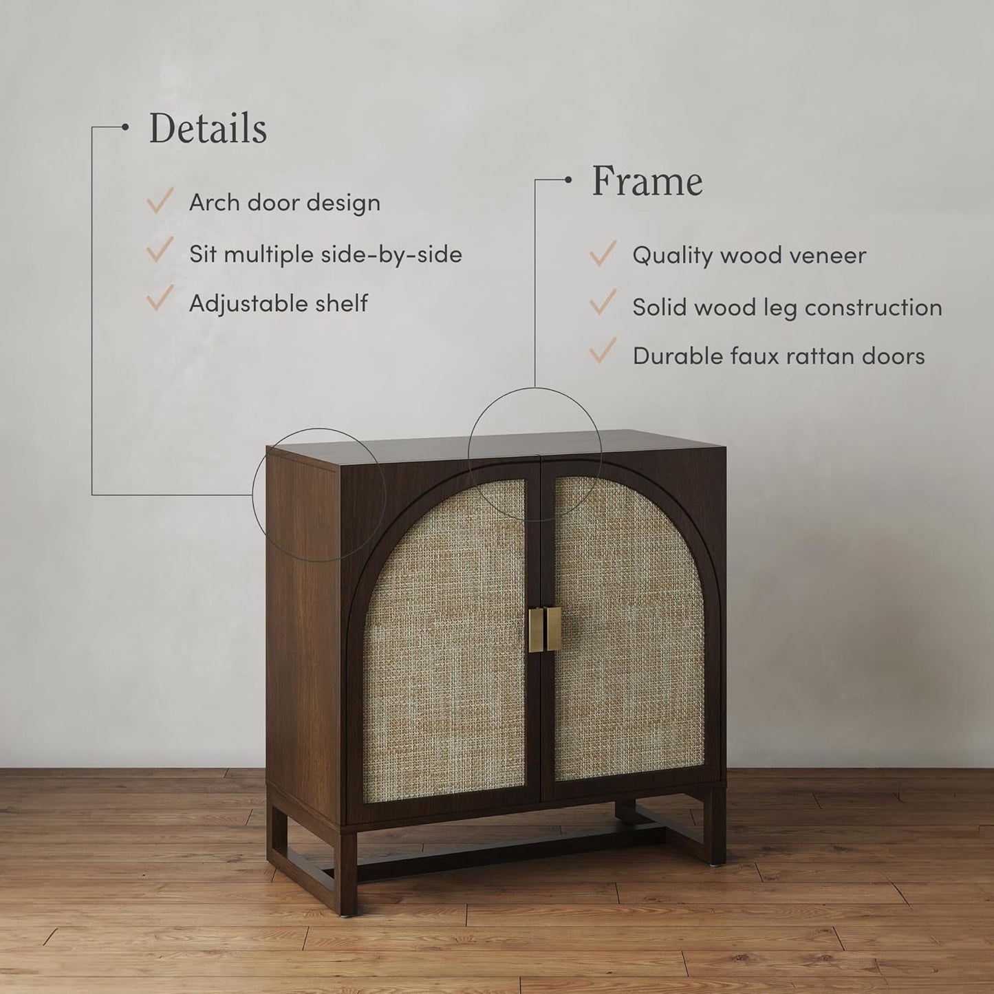 Paxton Boho Wood Storage Cabinet with Doors, Small Storage Cabinet for Living Room or Kitchen with Rattan Door Details, Dark Walnut