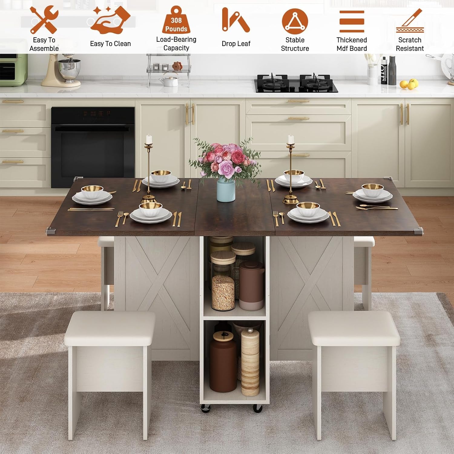 5 PCS Farmhouse Dining Table Set for 4,60" Large Folding Dining Table Set W/ 4 Leather Chairs, Drop Leaf Foldable Kitchen Table for Small Spaces,Barn Door Design,6 Wheels,2-Layer Storage Shelf,Brown