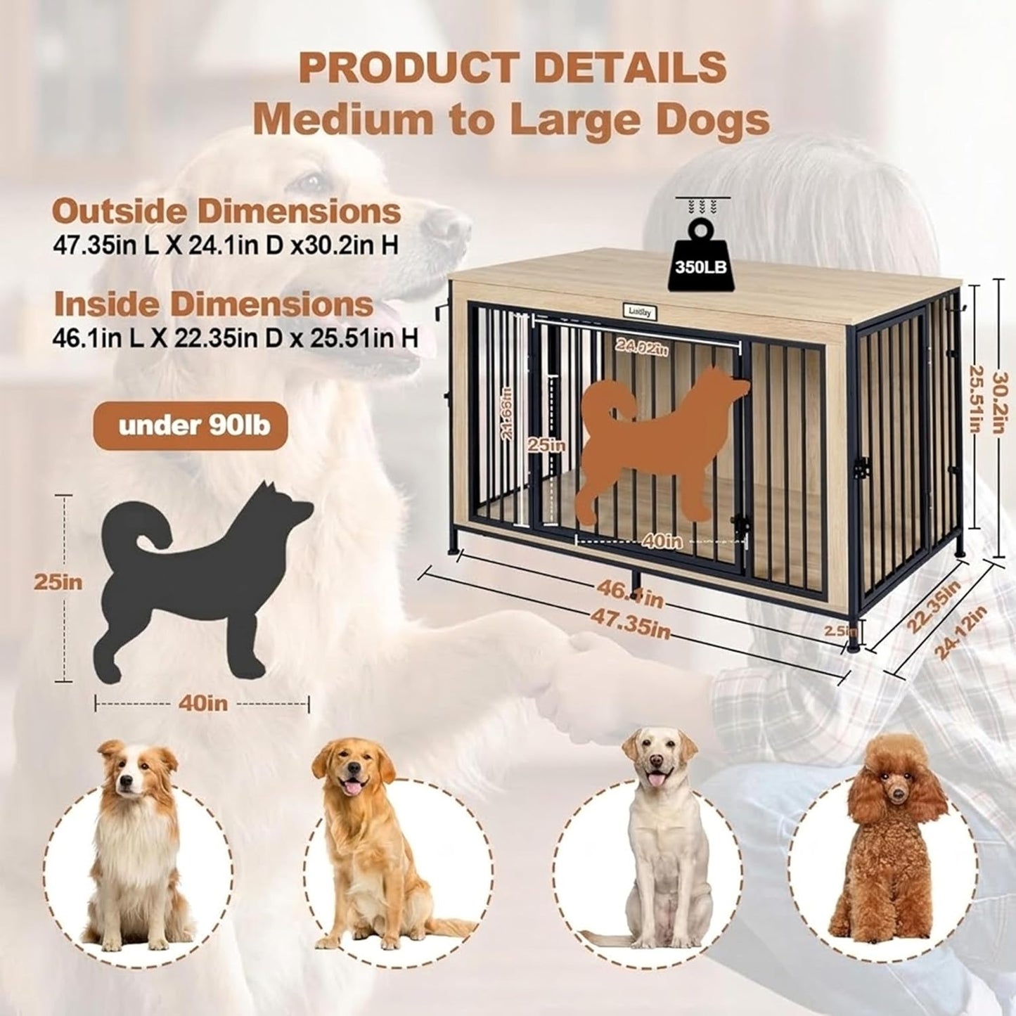48" XL Dog Crate Furniture for Large Dogs, Farmhouse Light Oak Wood Dog Kennel, Heavy Duty Anti-Chew Steel Frame, Escape Proof Pet Crate, 3 Door Indoor Dog House, TV Stand Entertainment Center 350LB