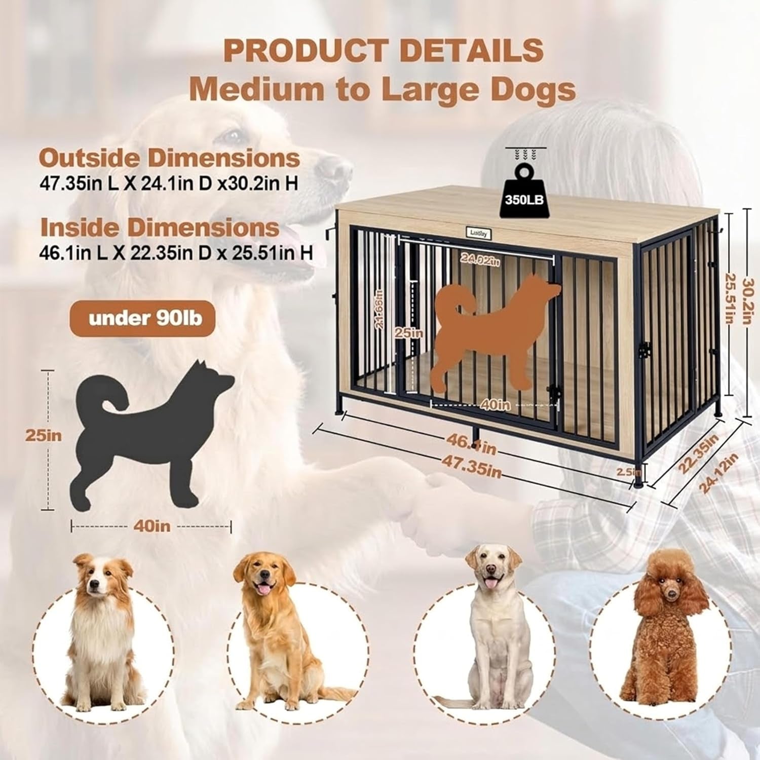 48" XL Dog Crate Furniture for Large Dogs, Farmhouse Light Oak Wood Dog Kennel, Heavy Duty Anti-Chew Steel Frame, Escape Proof Pet Crate, 3 Door Indoor Dog House, TV Stand Entertainment Center 350LB