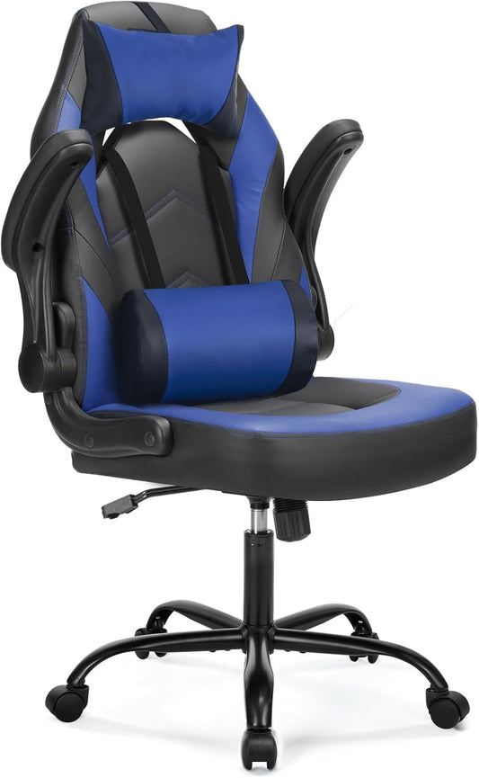 Computer Gaming Chair with Flip-Up Armrest, Ergonomic Office Desk Chair with Headrest for Adults and Teenagers, Height Adjustable Video Game Chair with Lumbar Pillow, Deep Blue