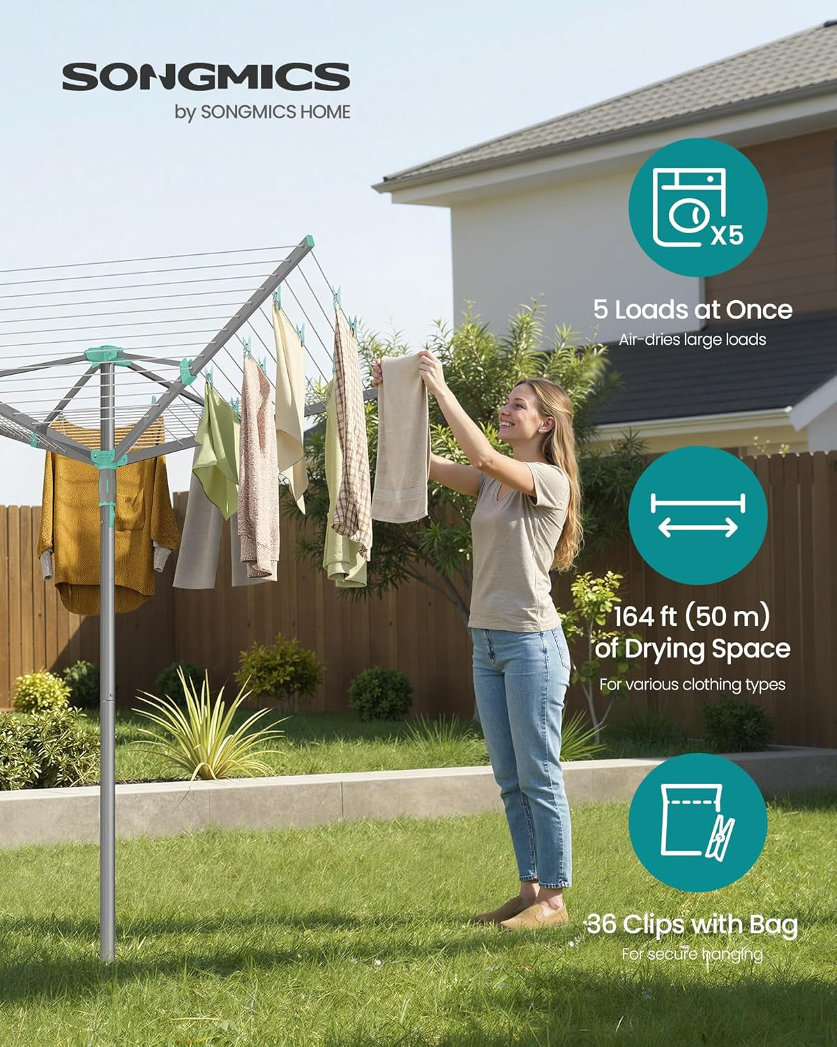 Umbrella Clothesline, Rotary Washing Line, Foldable Heavy-Duty Outdoor Clothes Drying Rack with Clips, Cover, Ground Anchor, 164 Ft (50 M) Long for 5 Loads of Laundry, Silver ULLR307EZ01