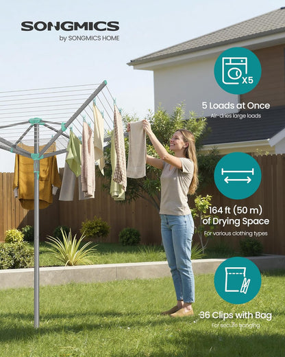 Umbrella Clothesline, Rotary Washing Line, Foldable Heavy-Duty Outdoor Clothes Drying Rack with Clips, Cover, Ground Anchor, 164 Ft (50 M) Long for 5 Loads of Laundry, Silver ULLR307EZ01