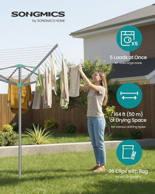 Umbrella Clothesline, Rotary Washing Line, Foldable Heavy-Duty Outdoor Clothes Drying Rack with Clips, Cover, Ground Anchor, 164 Ft (50 M) Long for 5 Loads of Laundry, Silver ULLR307EZ01
