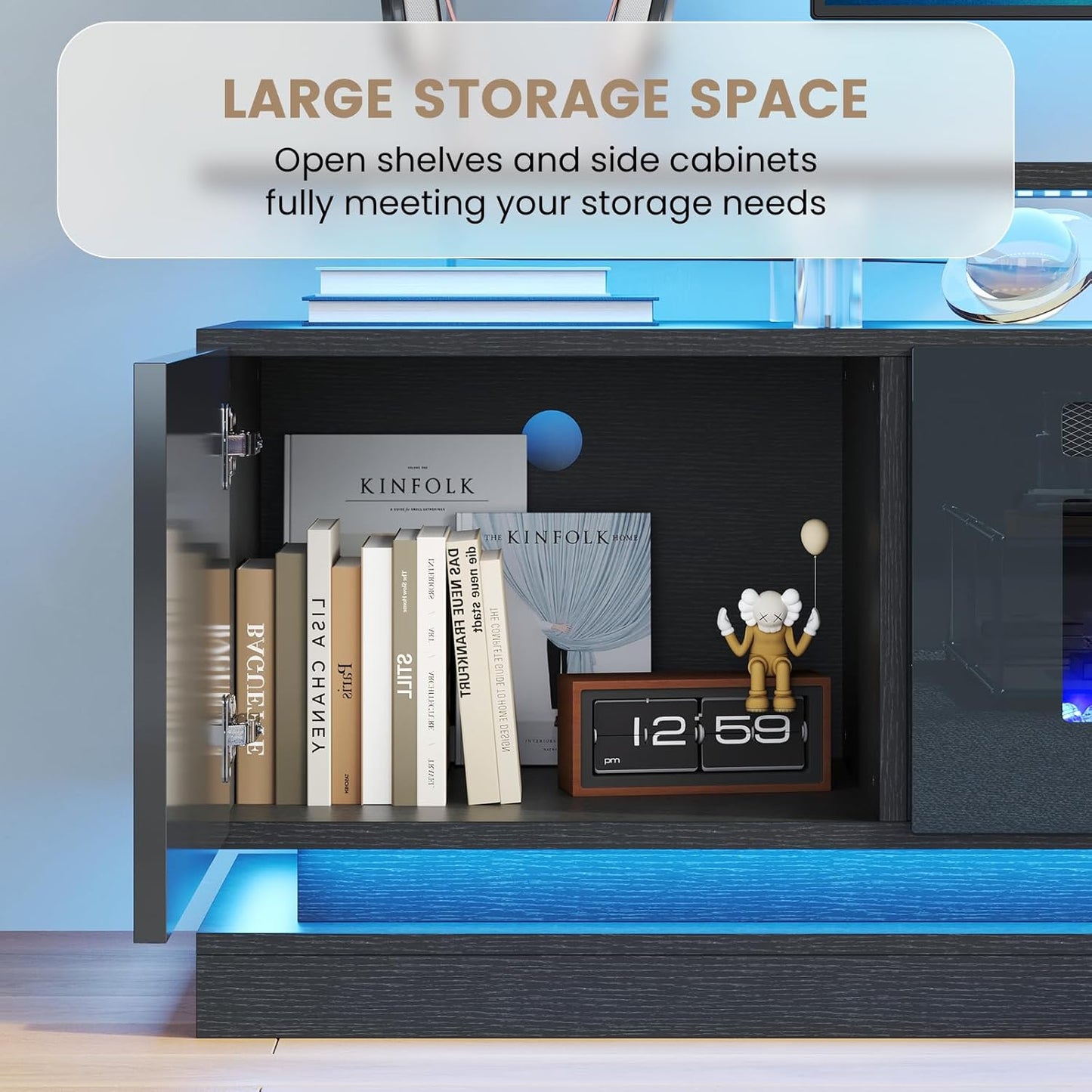 70" Fireplace TV Stand, Modern Entertainment Center for Tvs up to 80”, TV Console with Storage Cabinets, Media Console for Living Room, Black TV Stand and Black Fireplace