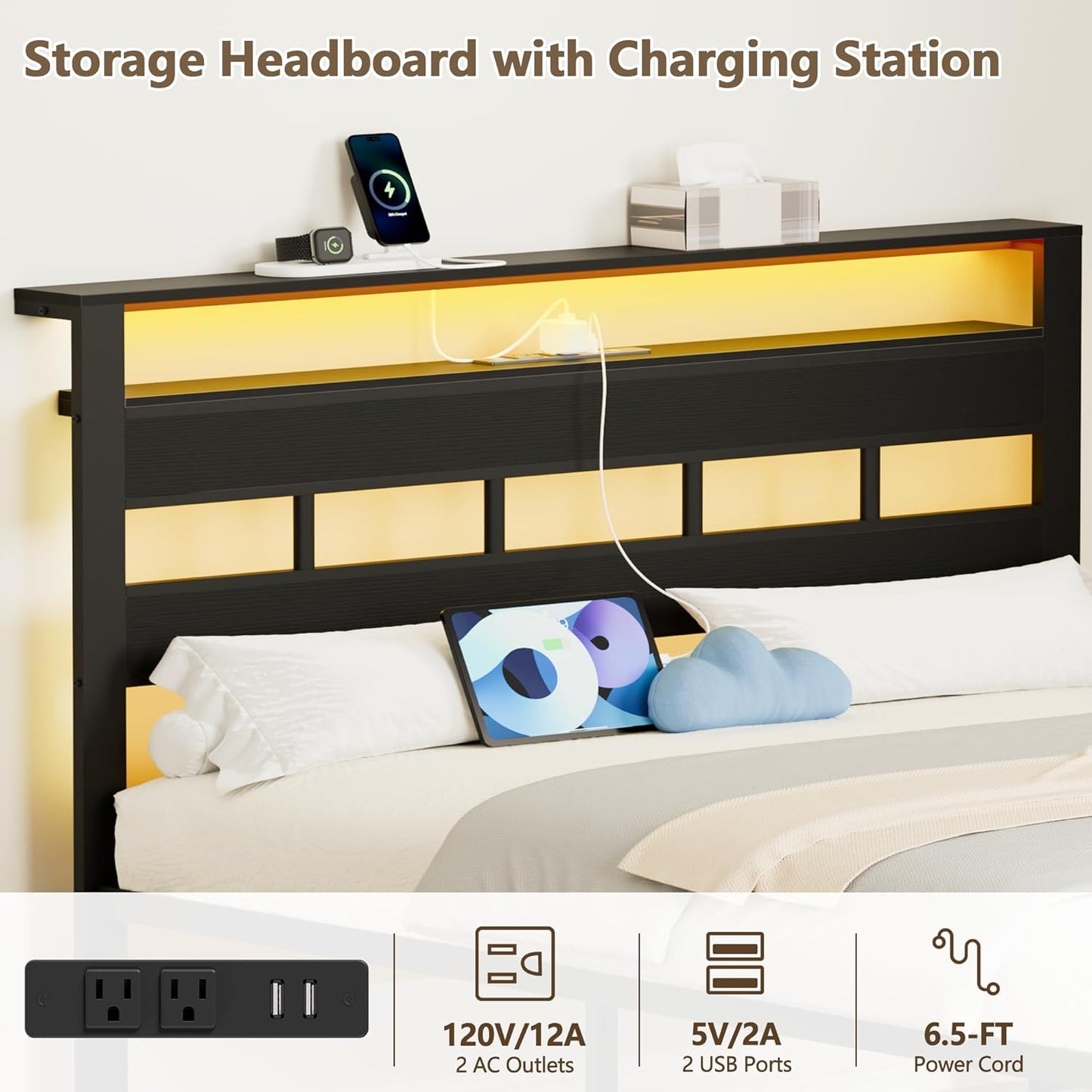 Full Size Bed Frame with LED Light and Charging Station, Wood Storage Headboard with 2-Tier Shelves, Metal Platform Bed with Heavy Duty Slats Support, No Box Spring Needed, Black Oak