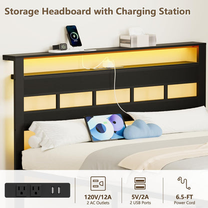 Full Size Bed Frame with LED Light and Charging Station, Wood Storage Headboard with 2-Tier Shelves, Metal Platform Bed with Heavy Duty Slats Support, No Box Spring Needed, Black Oak