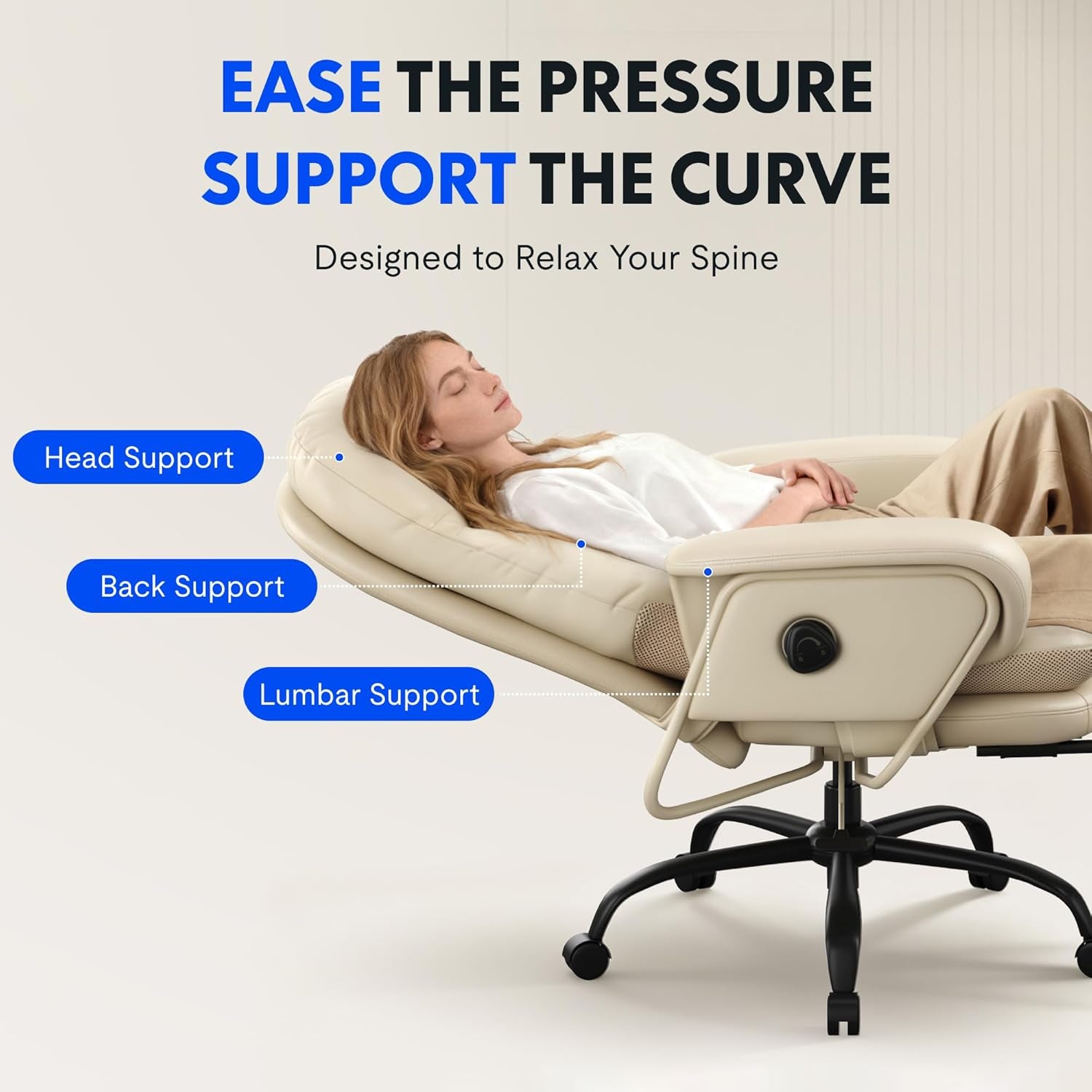 Luno 2-In-1 Chaise Lounge Chair Indoor with Wheels Footrest 90-165° Reclining Lumbar Support, Home Office Chairs for Living Room Bedroom Study Working Relaxing, Leather, Beige White