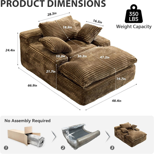 67 Inch Chaise Lounge Chair Indoor, Oversized Corduroy Upholstered Boneless Sofa Bed, Deep Seat Sleeper Couch Reading Chairs Cloud Sofas Couches for Living Room Bedroom, No Assembly Required, Brown