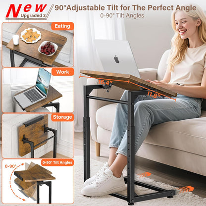 Tv Tray Table, 8-Level Adjustable Height Couch Side Table，90° Tilt Angle Adjustments C-Shaped End Table, with Phone & Tablet Slot Sofa Computer Desk for Couch, Sofa, Bed, Chair, Living Room (Brown)