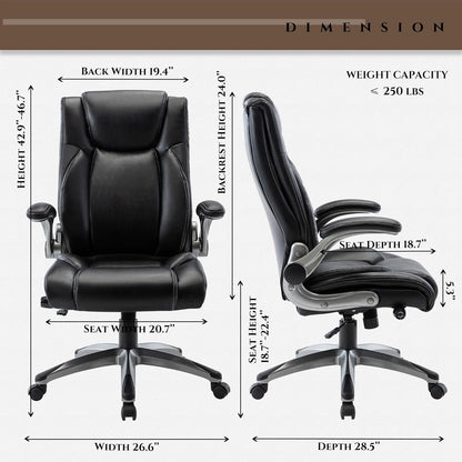 Executive Office Ergonomic Chair with Thick Bonded Leather, Flip-Up Armrests, High Back Adjustable Height and Tilt for Working, Study, Gaming