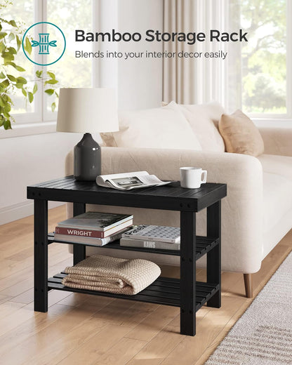 Shoe Rack Bench, 3-Tier Bamboo Shoe Storage Organizer, Entryway Bench, Holds up to 286 Lb, 11.3 X 27.6 X 17.8 Inches, for Entryway Bathroom Bedroom, Ink Black ULBS04H