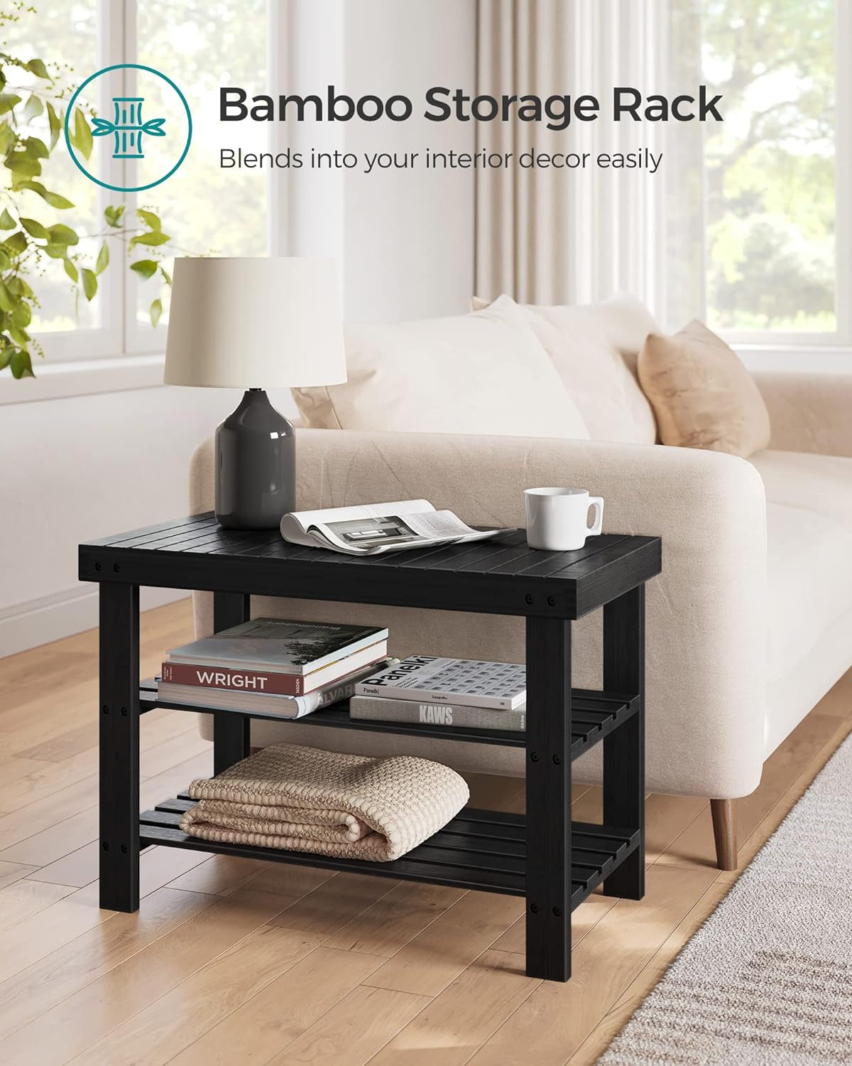 Shoe Rack Bench, 3-Tier Bamboo Shoe Storage Organizer, Entryway Bench, Holds up to 286 Lb, 11.3 X 27.6 X 17.8 Inches, for Entryway Bathroom Bedroom, Ink Black ULBS04H