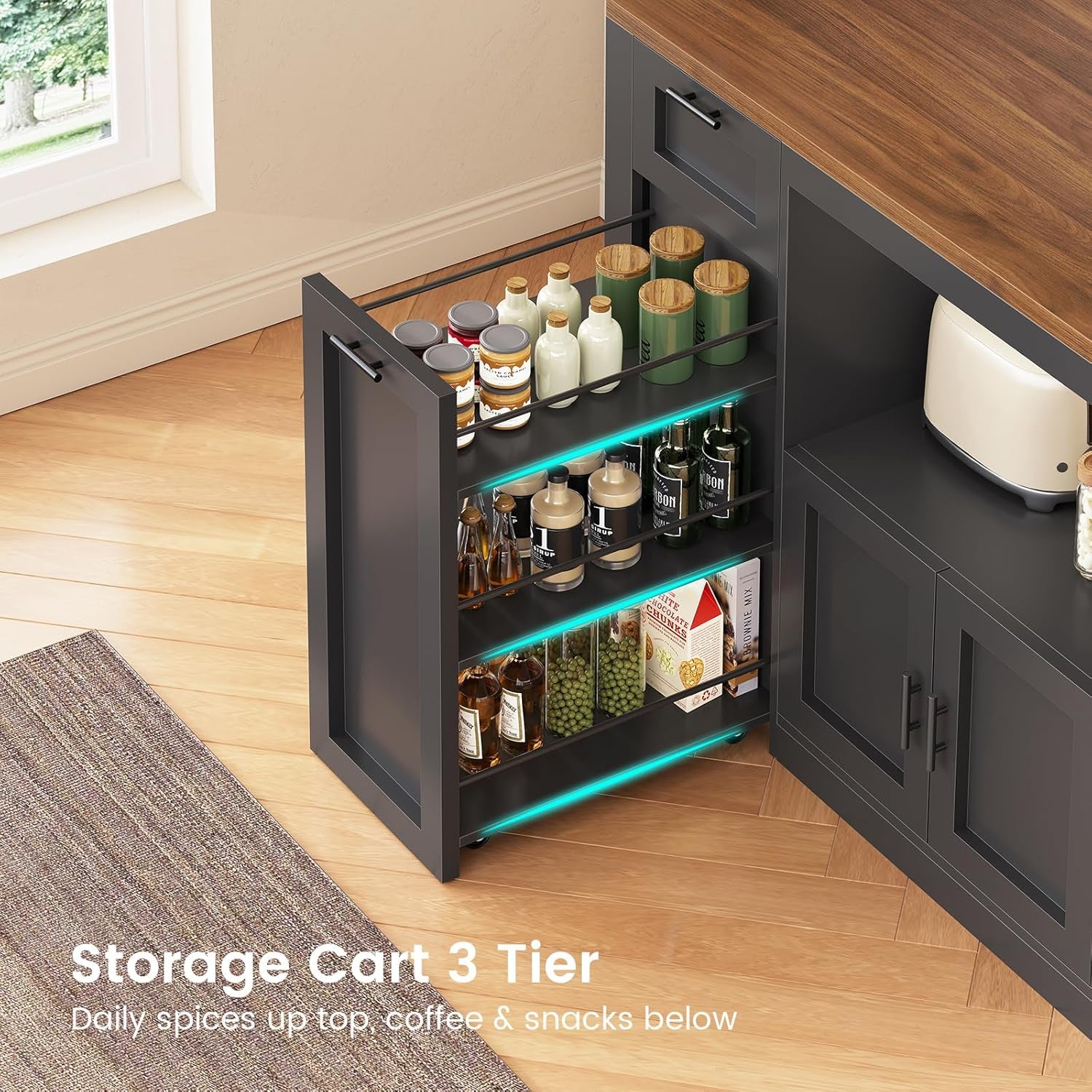 71" Pantry Cabinet with Charging Station and LED Light, Kitchen Pantry Cabinet with Microwave Stand, 47.2" Wide Kitchen Storage Cabinets with Storage Cart 3 Tier for Dining Room, Black