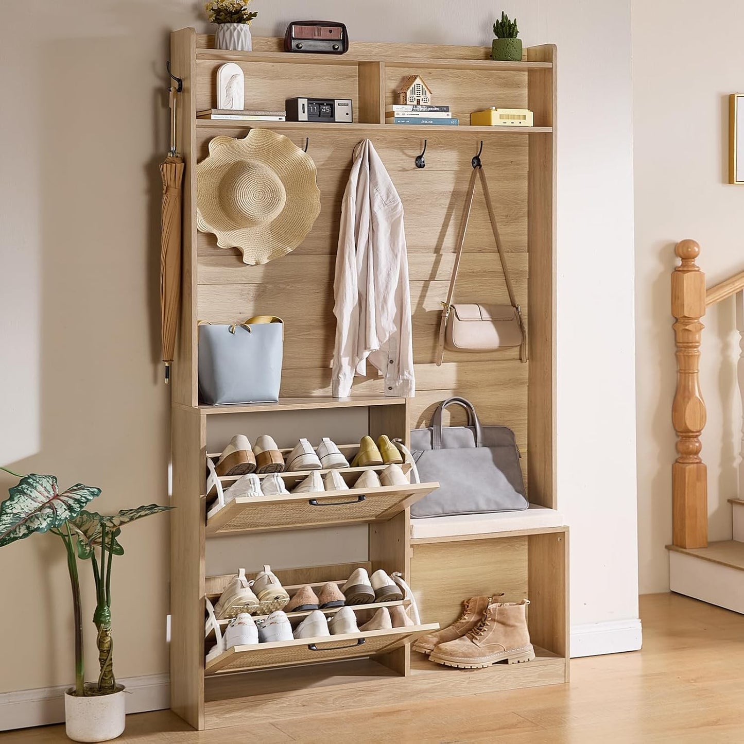 78" Tall Boho Hall Tree with Bench & Shoe Storage, 4-In-1 Mudroom Coat Rack with 2 Flip Rattan Drawers & Cushioned Stool, Entryway Hall Tree Cabinet with 6 Hooks for Garage, Natural Oak