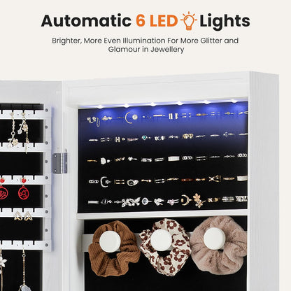 6 Leds Jewelry Cabinet Organizer, 47.2-Inch Jewelry Armoire with Full-Length Mirror, Wall or Door Mounted Jewelry Storage, Lockable Large Capacity Storage, White