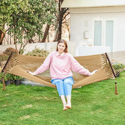 2 Person Caribbean Rope Hammocks for Outside, 12Ft Handwoven Polyester Double Hammock with Spreader Bar for Outdoor Indoor, Max 600 Lbs Capacity (Tan)