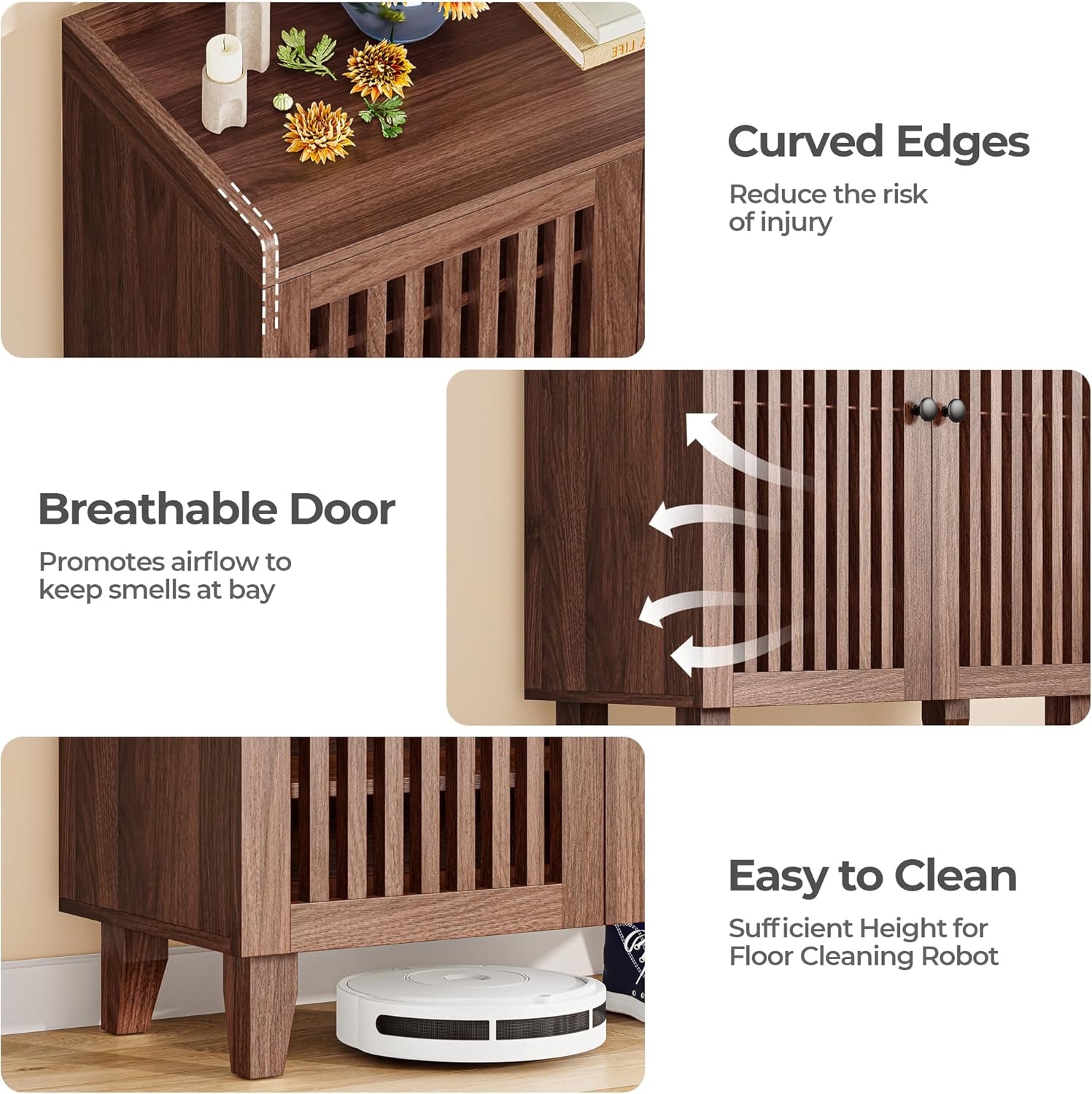 Shoe Cabinet with Slatted Doors, 6-Tier Shoe Storage Cabinet with Adjustable Shelves, Wooden Shoe Rack Organizer for Entryway, Hallway, Closet, Living Room, Walnut