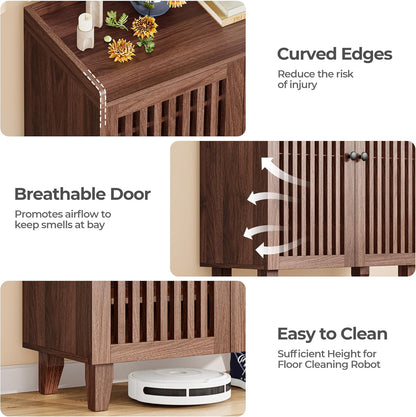 Shoe Cabinet with Slatted Doors, 6-Tier Shoe Storage Cabinet with Adjustable Shelves, Wooden Shoe Rack Organizer for Entryway, Hallway, Closet, Living Room, Walnut