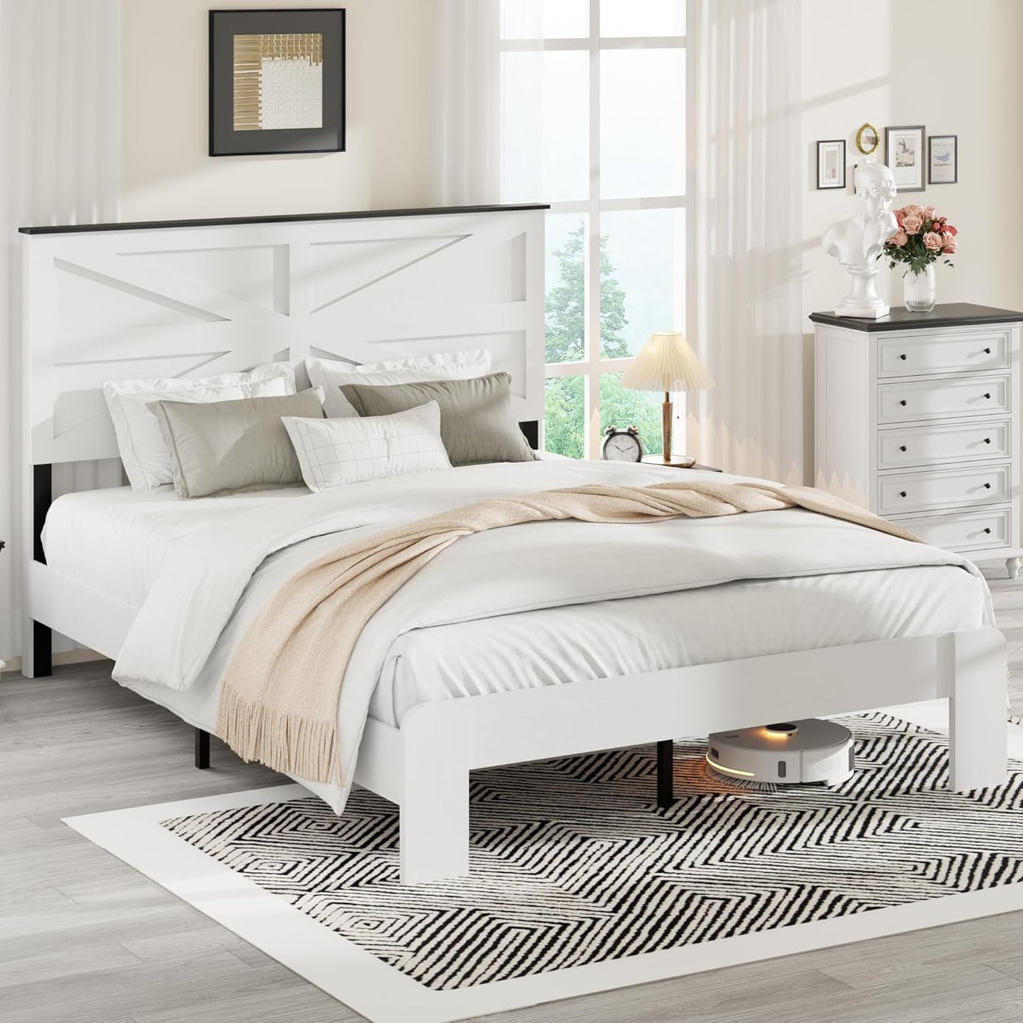 Farmhouse Queen Size Wooden Bed Frame with Headboard, Boho Platform Bedframe, Sturdy Metal Slats Support, No Box Spring Needed, Noise Free, Easy Assembly, White