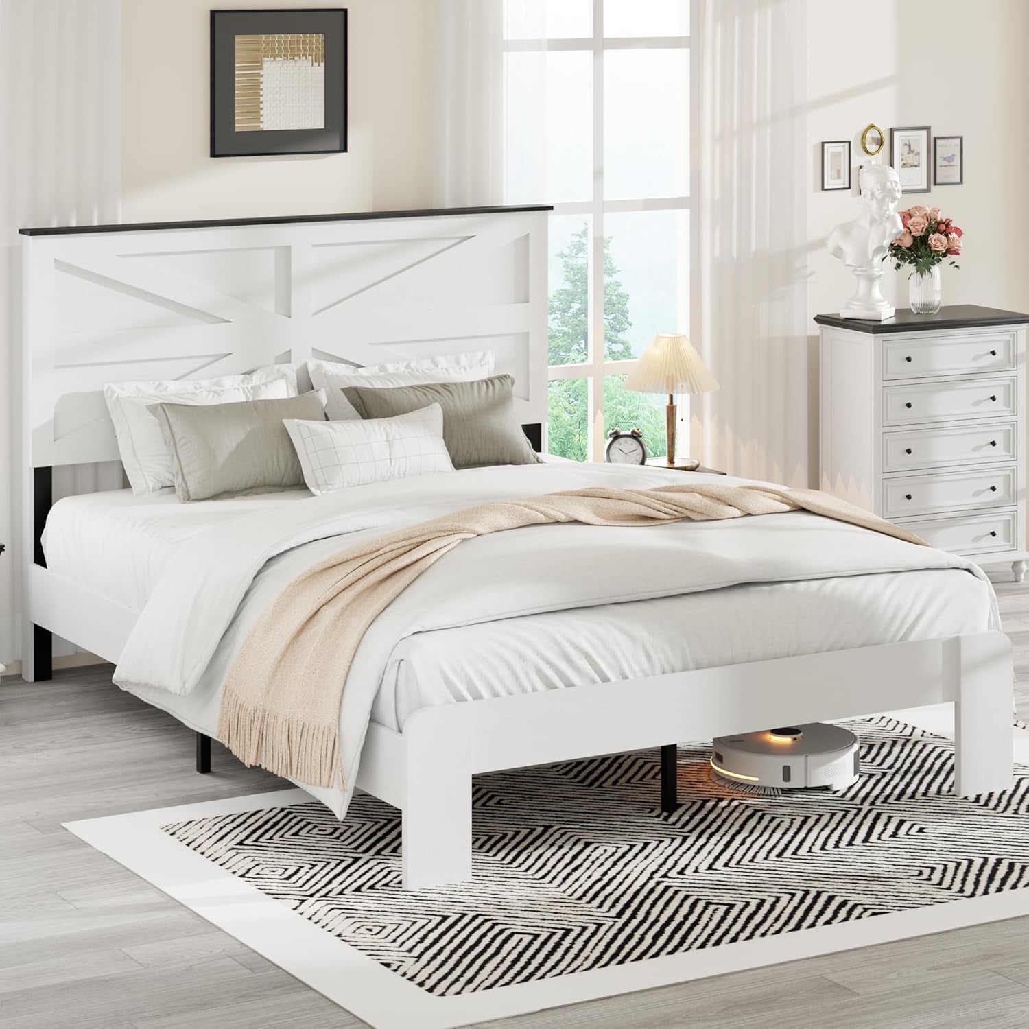 Farmhouse Queen Size Wooden Bed Frame with Headboard, Boho Platform Bedframe, Sturdy Metal Slats Support, No Box Spring Needed, Noise Free, Easy Assembly, White