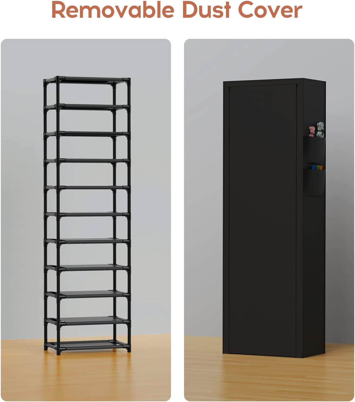 Vertical Narrow Shoe Rack Organizer 10 Tier Tall Shoe Shelf Holds 20-22 Pairs with Non-Woven Dustproof Cover for Closet, Entryway Black