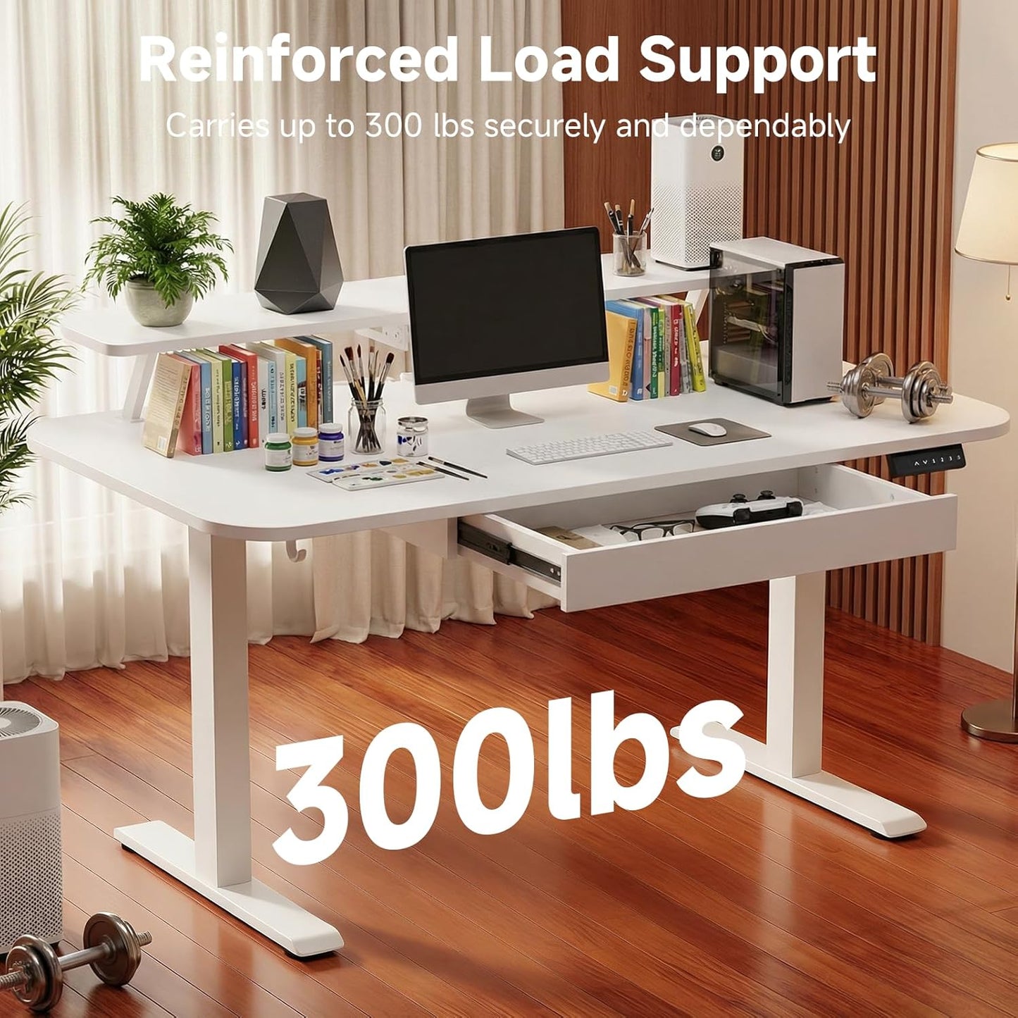 Electric Standing Desk with Drawers, 48 X 24 Inches Height Adjustable Computer Desk with Monitor Stand, Laptop Stand, Home Office Sit Stand up Desk with Memory Preset, White