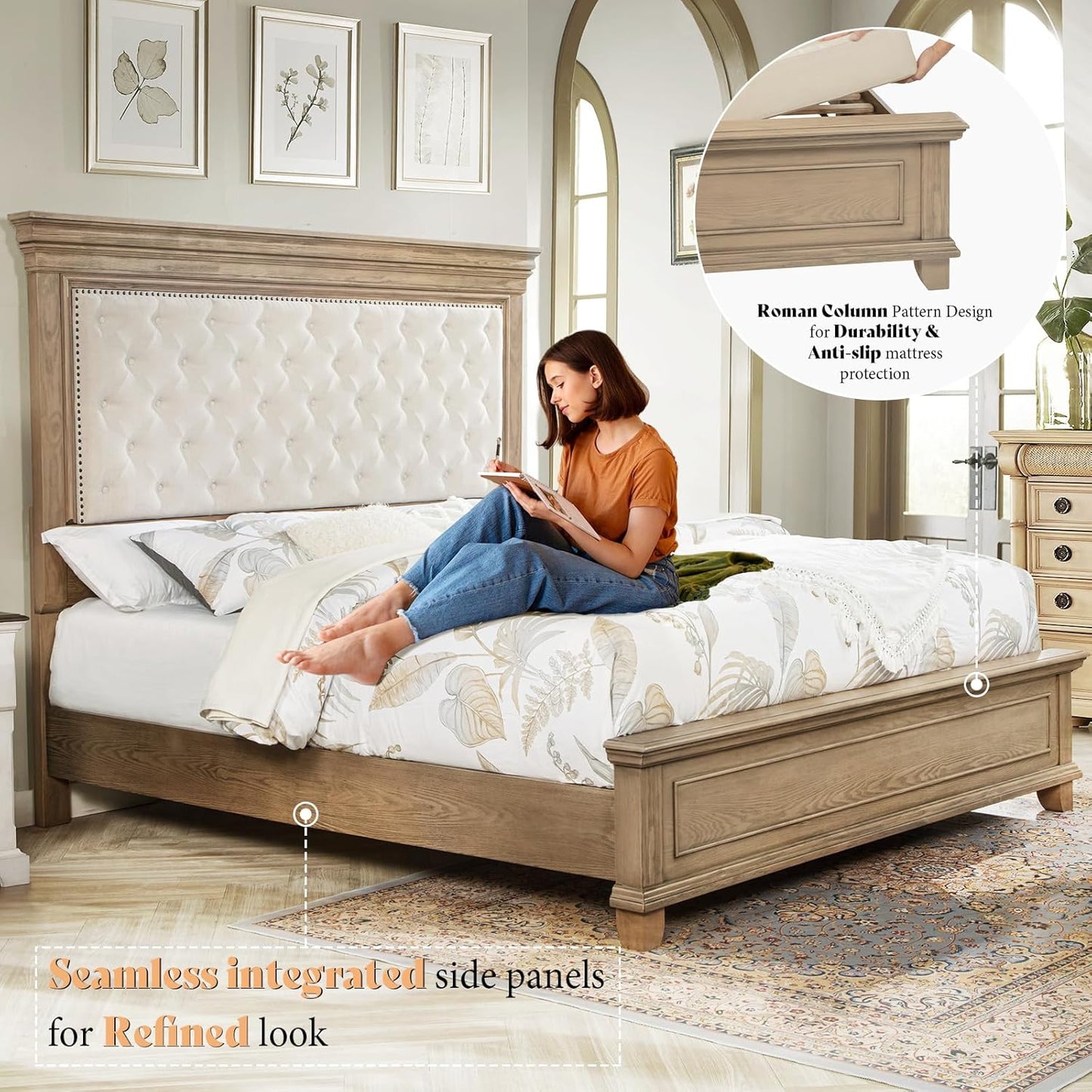 68.1" H King Size Bed Frame with Upholstered Headboard, Solid Wood Farmhouse Platform Bed, Architectural Design, No Box Spring Needed, Light Oak