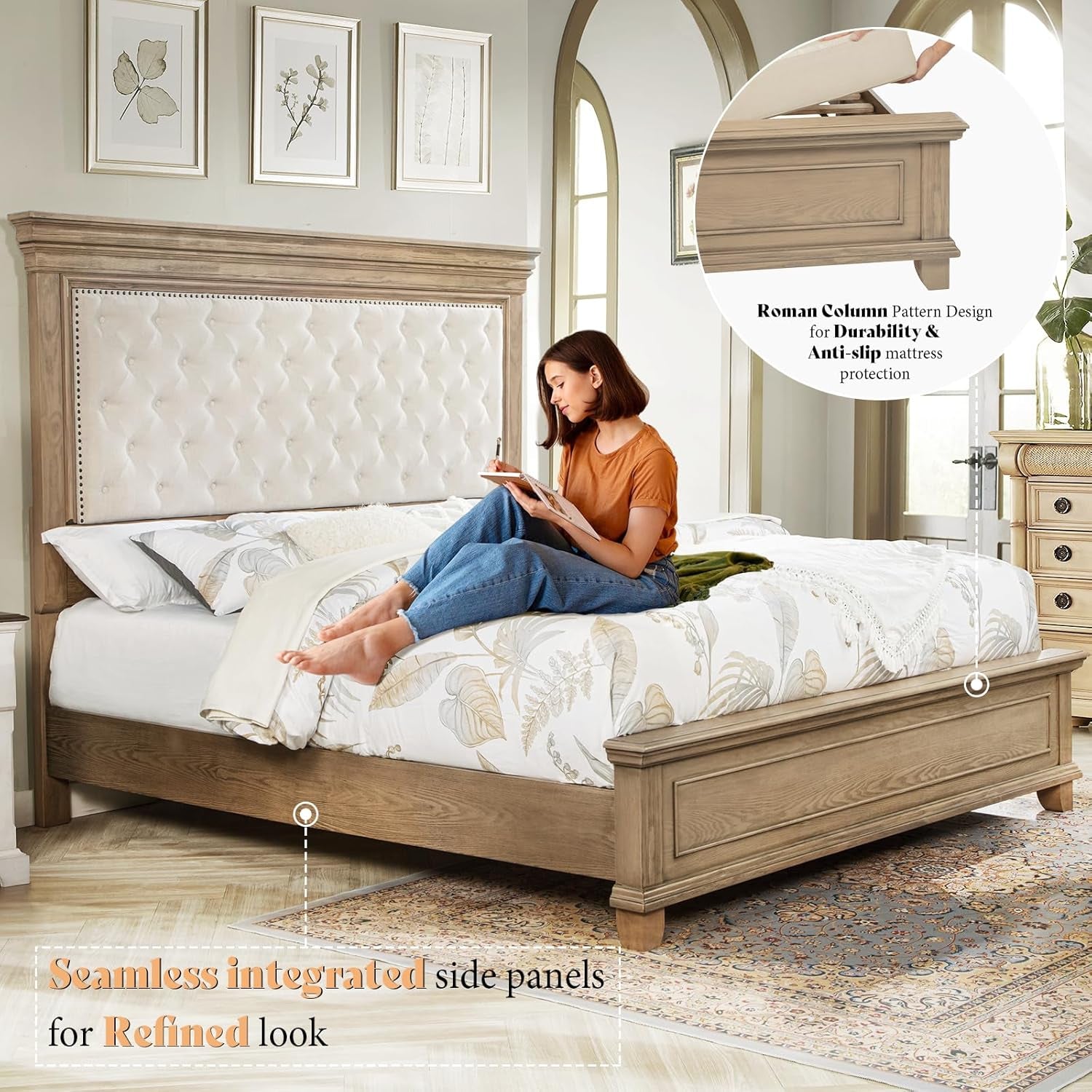 68.1" H King Size Bed Frame with Upholstered Headboard, Solid Wood Farmhouse Platform Bed, Architectural Design, No Box Spring Needed, Light Oak