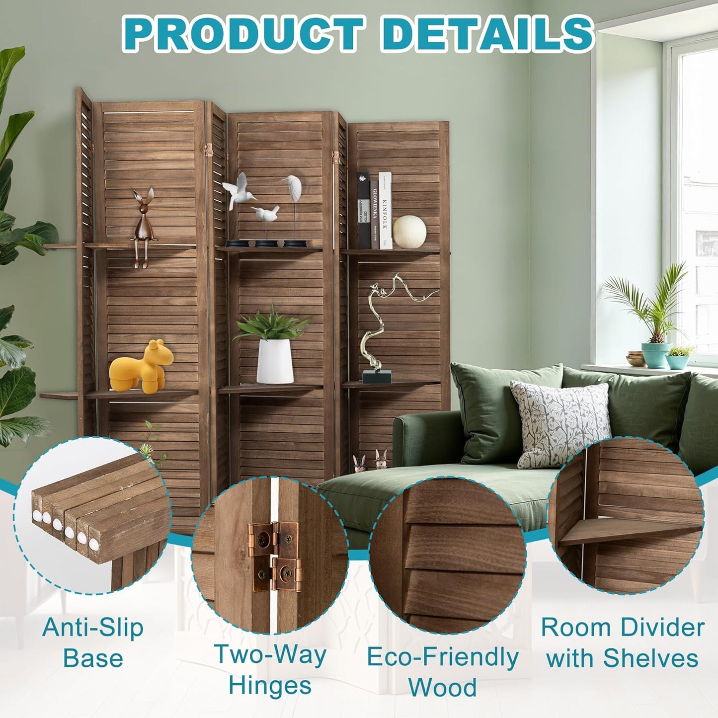 6 Panel Room Divider with Shelves, 5.6FT Folding Room Divider Screen, Free Assembled Freestanding Partition for Home Office Bedroom, Dark Brown