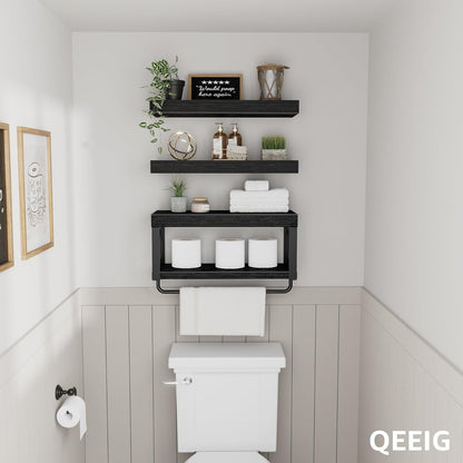 Bathroom Shelves over Toilet - Floating Shelf for Wall Toilet Paper Storage Farmhouse 16 Inch Set of 3, Black (029-40B3)