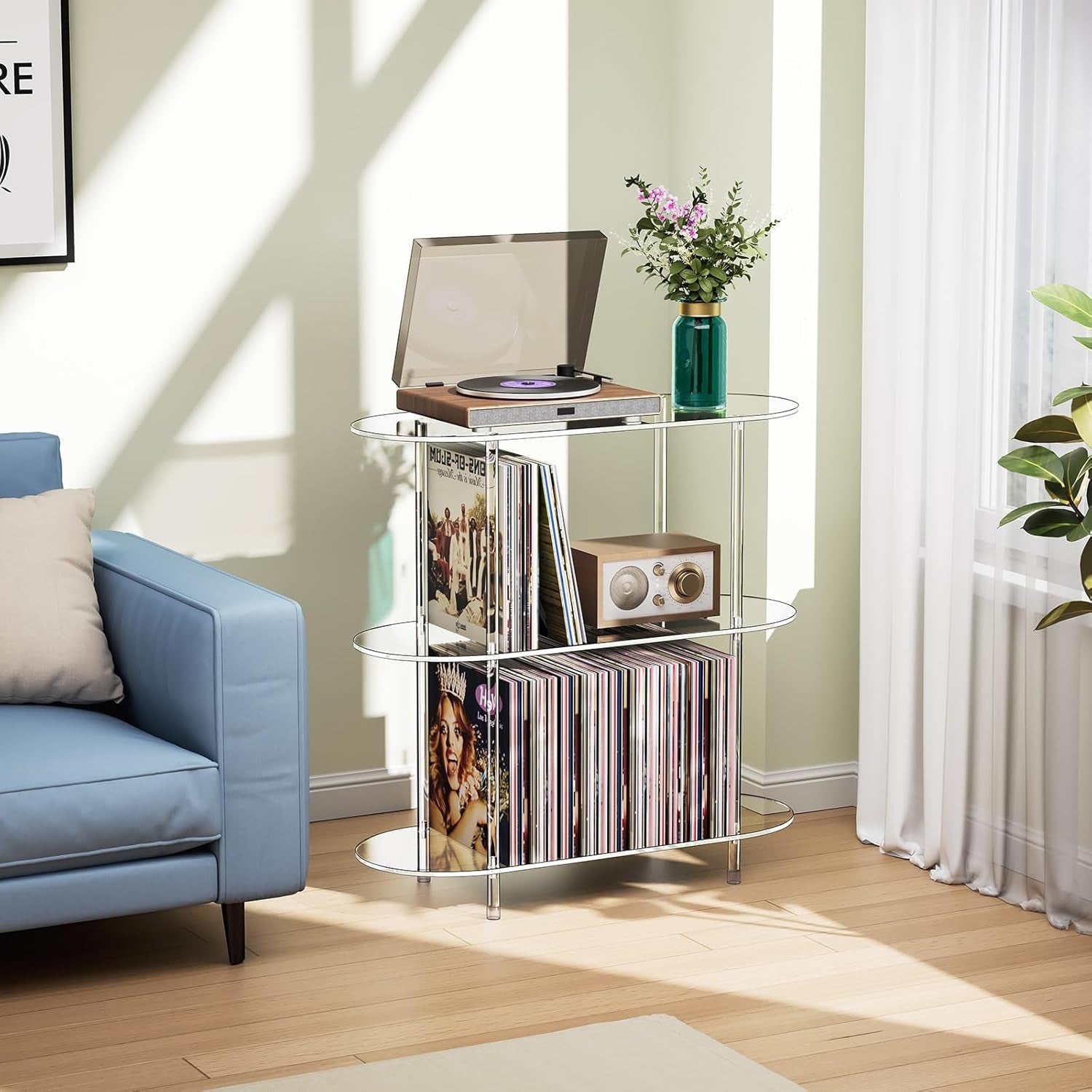 Clear Acrylic Record Player Stand with Vinyl Storage, 31.5" L X 11.8" W X 30.7" H, 3 Tier Oval Side Turntable Table with Large Album Shelf, Modern End Table Bookshelf for Living Room, Bedroom