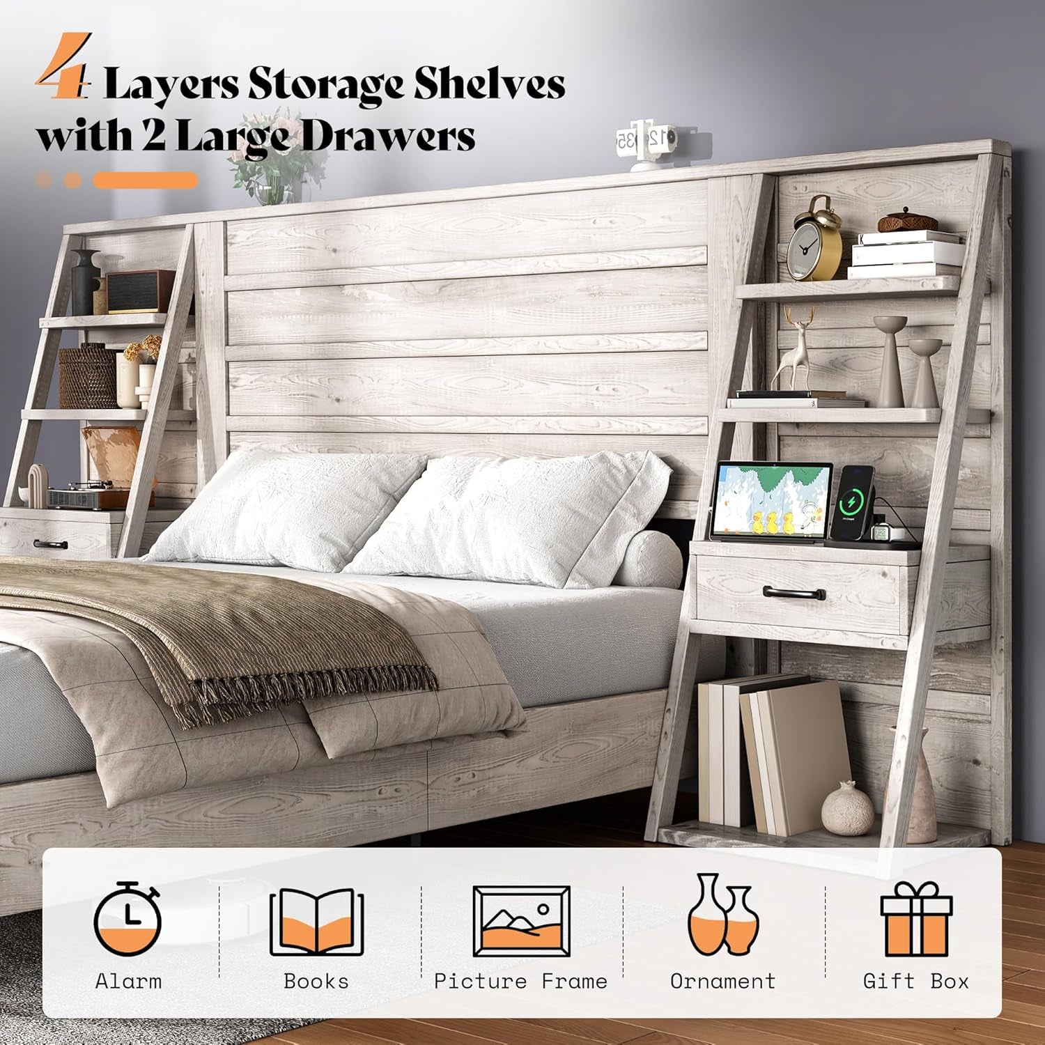 Queen Bed Frame with Bookcase Headboard & 4-Tier Bedside Shelf, Farmhouse Platform Bed with Charging Station and 2 Drawers, Noise-Free, No Box Spring Needed, Rustic White