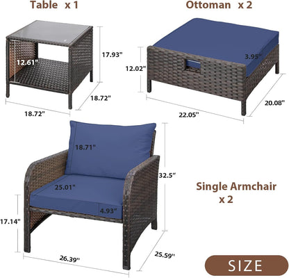 Balcony Furniture 5 Piece Patio Conversation Set, PE Wicker Rattan Outdoor Lounge Chairs with Soft Cushions 2 Ottoman&Glass Table for Porch, Lawn-Brown Wicker
