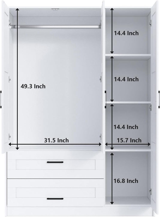3 Doors Wooden Wardrobe Closet Armoire, White Storage Cabinet for Hanging Clothes, Bedroom Large Capacity Freestanding Armoire,Wood Wardrobe Combination with Shelves (2Drawer, White)