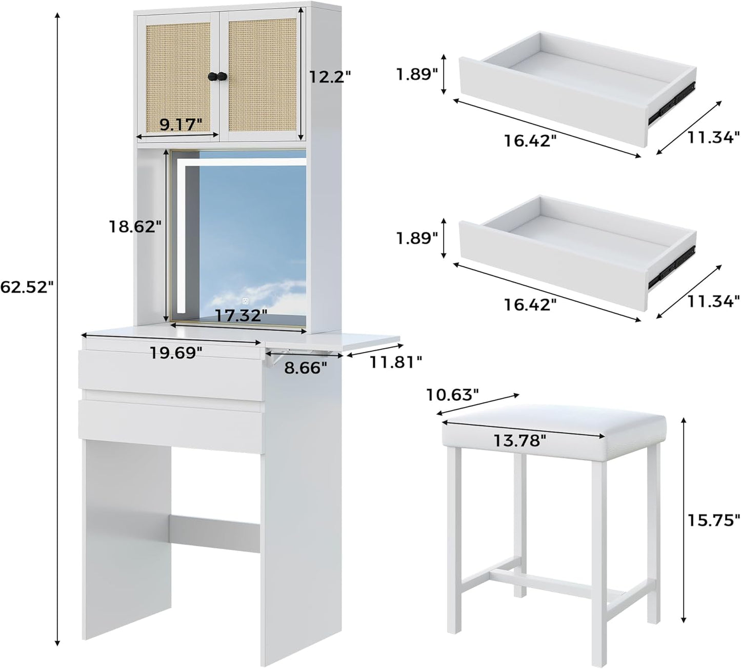 Small Vanity Desk with Mirror and Lights, White Compact Makeup Vanity with Chair and Fold-Up Panel for Small Spaces, Skinny Rattan Dressing Table Set, Dimmable 3-Color, Space Saving, Girls