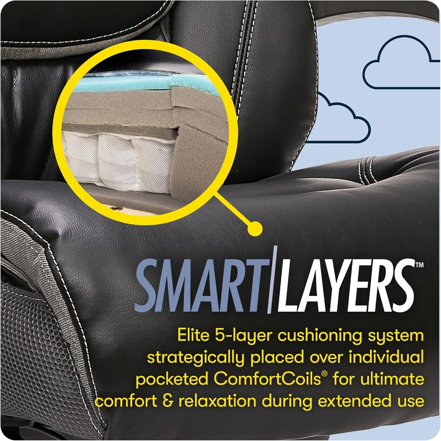 Baxter Big and Tall Smart Layers Executive Office Chair with Comfortcoils, Ergonomic Computer Chair with Layered Body Pillows, Black & Gray Bonded Leather