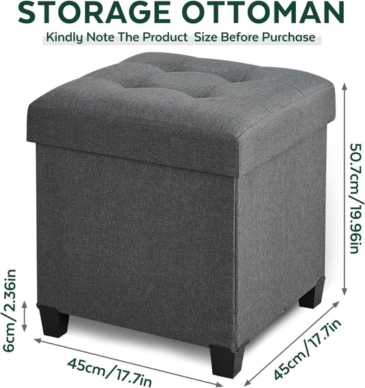 17.7" Square Ottoman with Storage, Storage Ottoman Foot Stool with Lid & Solid Wood Legs, Linen Ottomans for Living Room, Bedroom, Dorm, Gray