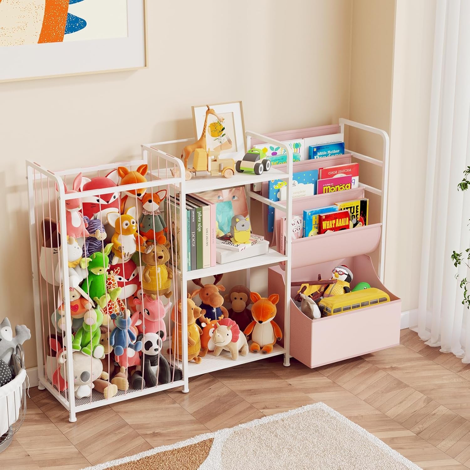 3In1 Stuffed Animal Storage Organizer - Toy Storage with Kids Bookshelf & Large Plushies Holder for Kids Room - Multi-Functional Furniture for Nursery, Bedroom, and Playroom, Pink